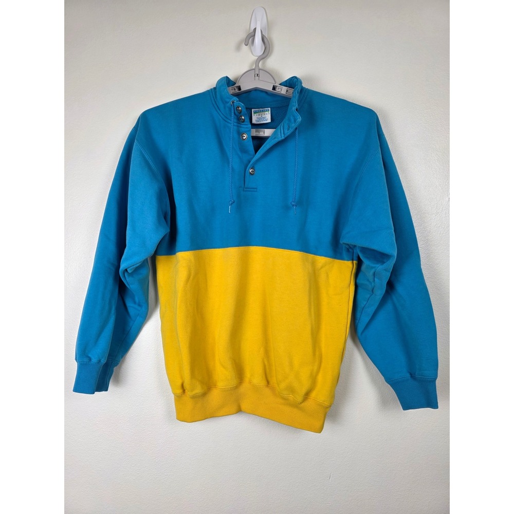 Cheetah Sweatshirt Unisex M Blue Yellow Two Tone Button Mock Neck Drawstring VTG